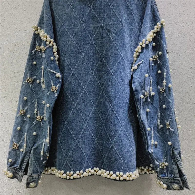 Trendy Women’s Denim Jacket – Loose Fit with Diamonds & Pearl Embellishments - HalleBeauty